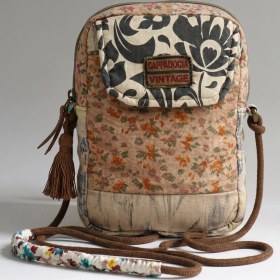 Resim Cappadocia Vintage Kadın Açık Kahverengi Çiçek Desenli Omuz Çantası - Bohem Tarz Mini El ve Telefon Çantası 