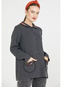Resim Bebe Yaka Nakışlı Kadın Triko Ceket - Koyu Gri 001 