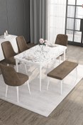 Resim Canisa Noa Serisi 80x132 Açılabilir MDF Beyaz Mermer Desen Masa Takımı 4 Kahverengi Sandalye ve 1 Bench 