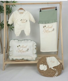 Resim Gros Shop Müslin Yeni Doğan 4katlı Organik %100pamuk Kişiye Özgü Nakışlı Hastane Çıkış Seti Güllü Model-5 Ekru-1 