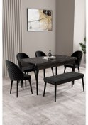 Resim Milas Siyah Mermer Desen 80x132 Mdf Açılabilir Mutfak Masası Takımı 4 Sandalye, 1 Bench Siyah 