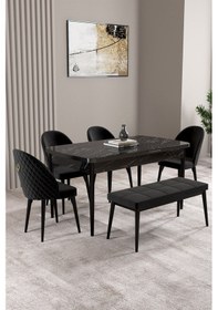 Resim Milas Siyah Mermer Desen 80x132 Mdf Açılabilir Mutfak Masası Takımı 4 Sandalye, 1 Bench Siyah 