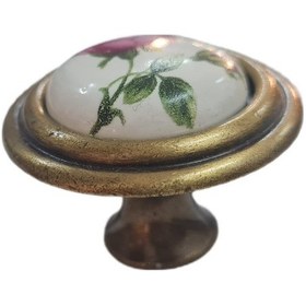 Resim Porselen Düğme Kulp Metal Antik Sarı Güllü 5 Adet Dekoratif Dolap Ve Çekmece Kulp Seti 