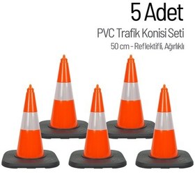 Resim 5 Adet Pvc Trafik Konisi 50 Cm Reflektifli Ağırlıklı Trafik Dubası Seti-3548 