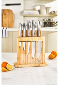 Resim Karaca Samuray Nagoya Vigor Japon Çeliği 7 Parça Bıçak Seti Ve Kesme Tahtası 