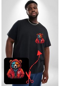 Resim Angemiel Kırmızı Hoodie Ayı Siyah Büyük Beden Kadın Basic Minimal Baskılı Tişört Siyah 