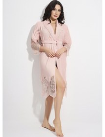 Resim Dantelli Kısa Şalyaka Bukle Bambu Cotton Bayan Bornoz Pudra 