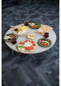 Resim Siyah Mermer Desenli Metal Katlanır Ayaklı Kamp Bahçe Ev Ve Oyun Için Yuvarlak Yer Sofrası Krem 