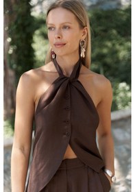 Resim Mai Collection Mai Studios Co. Prasetsah Bağlamalı Kahve Crop Pantolon Takım Kahve 