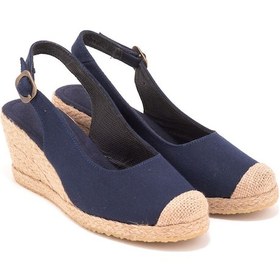 Resim Star Tombis Gerçek Elişi Arkadan Bantlı Topuğu Açık Burnu Hasırlı Keten Espadril Dolgu Topuk Handmade Lacivert 
