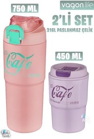 Resim Vagonlife 2'li Çelik Termos-Kahve Bardağı Seti 750ML Çift Kullanım Termos//450ML Mug Kahve Bardağı 