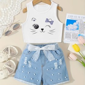 Resim Kedi desenli kız 1 parça yelek Yumuşak yelek Yuvarlak yakalı Rahat ve konforlu Gençler için uygun İlkbahar, yaz ve sonbahar için uygun Kot şortlarla kombinasyon için Tek tank top, pantolon yok, gençlere özel 