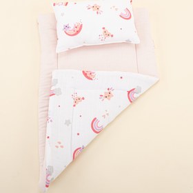 Resim Alt Açma Matı ve Yastık - Çift Taraflı - Bebe Pembe Muslin - Pembe Gökkuşağı 