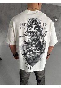 Resim Barlashive Erkek Kısa Kol Tişört Bisiklet Yaka Filistin Poşulu Baskılı T-shirt - Beyaz Çok Renkli 
