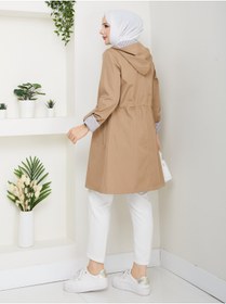 Resim RACE FASHİON Çizgi Desenli Bondit Kumaş Beli Lastikli Kapüşonlu Tesettür Trençkot RC905010 