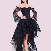Resim 1 adet Gotik Romantizm Omuzdan Aşağı Lace Korse ve Asimetrik Yüksek-Alçak Etek Set, Çiçek Desenli Polyester Kirpik Elbise, Vampir Cadı Kostümü, Dokuma Göğüs Pedleri Yok, Cadılar Bayramı için 