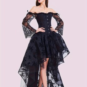 Resim 1 adet Gotik Romantizm Omuzdan Aşağı Lace Korse ve Asimetrik Yüksek-Alçak Etek Set, Çiçek Desenli Polyester Kirpik Elbise, Vampir Cadı Kostümü, Dokuma Göğüs Pedleri Yok, Cadılar Bayramı için 