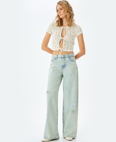 Resim Yıpratma Detaylı Düşük Bel Bol Kalıp Kot Pantolon - Loose Straigh Fit Jean 