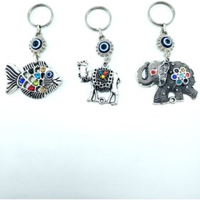 Resim Ennea Art Nazar Boncuğu Metal Balık + Deve + Fil Anahtarlık/dikiz Ayna Süsü Seti Üçlü Hediyelik Eşya 