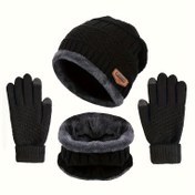 Resim Erkekler İçin Örgü Kışlık Şapka Seti Atkı ve Eldivenlerle, Kalınlaştırılmış Polyester Astar, Sipersiz, Açık Hava Sıcaklığı Aksesuarı, El Yıkama Veya Kuru Temizleme, Siyah, Örgü Kumaş, Noel, Yeni Yıl, Cadılar Bayramı 