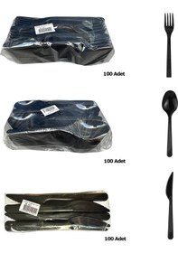 Resim Plastik Siyah Çatal Kaşık Bıçak Seti Takımı- 100 Ad. Çatal + 100 Ad. Bıçak + 100 Ad. Kaşık - 18 Cm. Siyah 