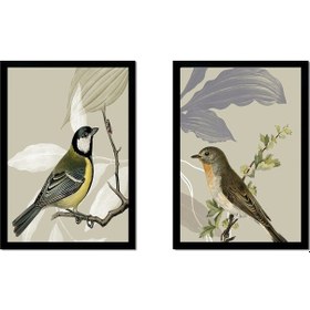 Resim Dalda Kuşlar İkili Çerçeveli Cam Tablo Seti-172112 