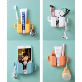 Resim elsmor Çok Amaçlı Kancalı Kumanda Ve Telefon Standı Telefon Tutucu Yapışkanlı Banyo Organizer Diş Fırçalık 