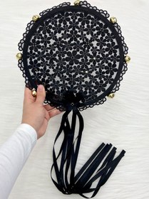Resim ZEYMERADE Siyah Çiçekli Parlak Taşlı Gelin Tefi, Düğün Kına Söz Sünnet Bekarlığa Veda Bride Zilli 25cm, 1 Adet 