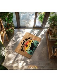 Resim Hoş Geldiniz Yazılı Köpek Figürlü Kapı Önü Paspası Dekoratif Kaymaz Taban Bej 