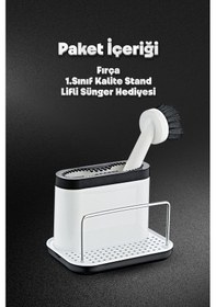 Resim Grimorlife Fırçalı Telli Mutfak Seti Beyaz - Standlı Plastik Mutfak Lifli Sünger Hediyeli Beyaz 