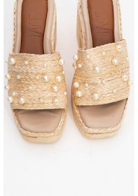 Resim Luvishoes Luvi Shoes Rayne Bej Hasır İncili Kadın Platform Topuklu Terlik Bej 