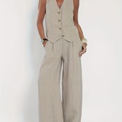 Resim Kadınların Şık İki Parça Seti: Elegant Bej V-Yaka Kolsuz Üst ile Cebi ve Geniş Bacaklı Pantolon, Polyester, Gündelik Giysi, Gündelik Giysi|V-Yaka Üst|Polyester Kumaş 