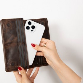 Resim Aura Hakiki Deri, El Yapımı, Telefon Bölmeli, Kadın Cüzdanı, Koyu Kahve 