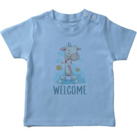 Resim Angemiel Baby Hoşgeldiniz Yazılı Zürafa Erkek Bebek Tişört Mavi B0428MDBBKETSRT 