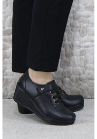 Resim Mehmet Mete 3219 Comfort Dolgu Taban Çırtlı Hakiki Deri Kadın Ayakkabı Siyah 