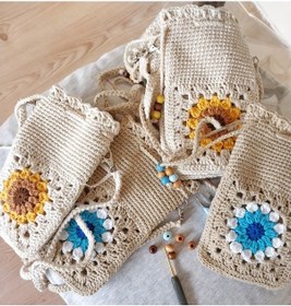 Resim Kemzey Handmade Çiçekli Telefon Çantası, Motifli Tığ İşi Telefonluk, El Yapımı Telefon Kılıfları Bej - Mavi 
