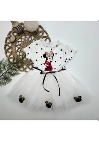 Resim Cojans 2-3-4 Yaş Puantiyeli Mickey Baskılı Kurdela Kuşaklı Astarlı Kız Bebek Tütü Elbisesi Beyaz Çok Renkli 