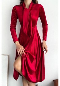Resim Neşeli Butik Kadın Yakası Bağlama Detaylı Piliseli Kadife Elbise Nbq012 Kırmızı 