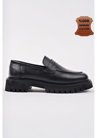 Resim Muggo Paradise Hakiki Deri Kalın Taban Günlük Casual Makosen Kadın Loafer Ayakkabı Siyah 