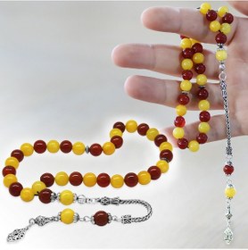 Resim Tesbihname 925 Ayar Gümüş Tilki Kuyruk Püsküllü Küre Kesim Sarı Kırmızı Jade Akik Doğaltaş Taraftar Tesbih Çok Renkli 