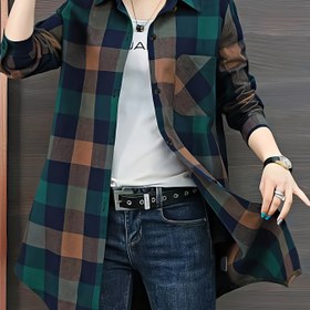 Resim Kadınlar için Günlük Uzun Ekose Gömlek - Polyester, Makinede Yıkanabilir, Dönebilen Yaka, Asimetrik Etek, İlkbahar/Sonbahar Rahatlığı için Hafif 