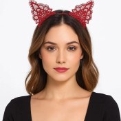 Resim Dantelli Kırmızı Kedi Tacı - Vintage Tarz Dantel Kedi Kulak 