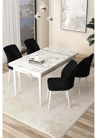 Resim Canisa Arp Serisi 70x110 Sabit Mutfak Masası Takımı Beyaz Mermer Desen Masa 4 Siyah Sandalye Masa Beyaz Mermer Desen Sandalye Siyah 