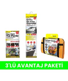 Resim Güneşlik + Yan Cam Güneşlik Perde + Termos Çanta 3’lü Bayram Yolculuk Paketi 