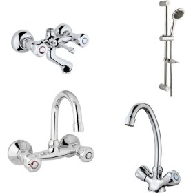 Resim ARÇE Klasik Çevirmeli Banyo + Kuğu Evye + Lavabo Bataryası + Sürgülü Duş Takımı 