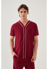 Resim Erkek Kısa Kollu Pamuklu Gömlek Yaka Düğmeli Biyeli Pijama Takımı Ke30118 Bordo 