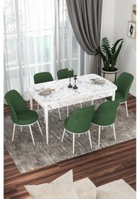 Resim Canisa Kor Serisi 70x114 Açılabilir Mutfak Masası Takımı Beyaz Mermer Desen Masa 6 Haki Yeşil Sandalye Masa Beyaz Mermer Desenli Sandalyeler Haki Yeşili 