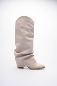 Resim Mubiano Kadın Süet Çizme Körüklü Çekme Western Bej Merina 