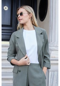 Resim Kadın İpeksi Dokulu Modal Kumaş Yakalı Cep Kapaklı Oversize Salaş Blazer Ceket-haki Haki 