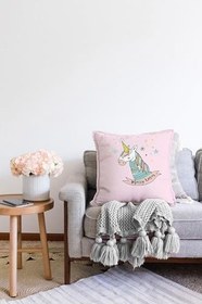 Resim RealHomes Çift Taraflı Pembe Zeminde Unicorn Motifli Bebek Odası Raşel Örme Yastık Kırlent Kılıfı, Sonil-K4422-43x43cm 